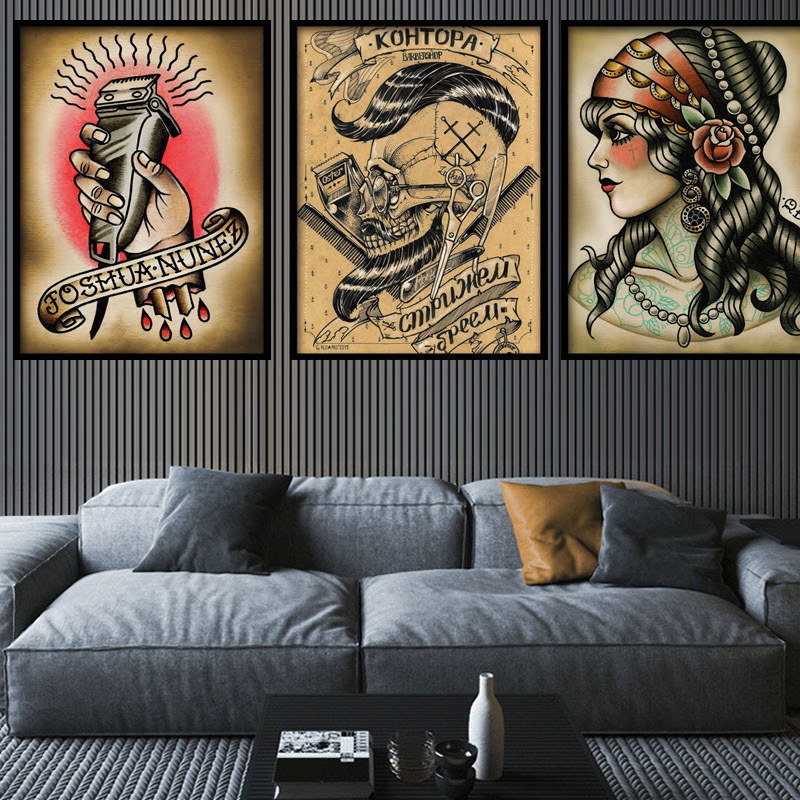 批发复古理发店装饰画美发店个性墙壁画男士发型图片发廊海报背景