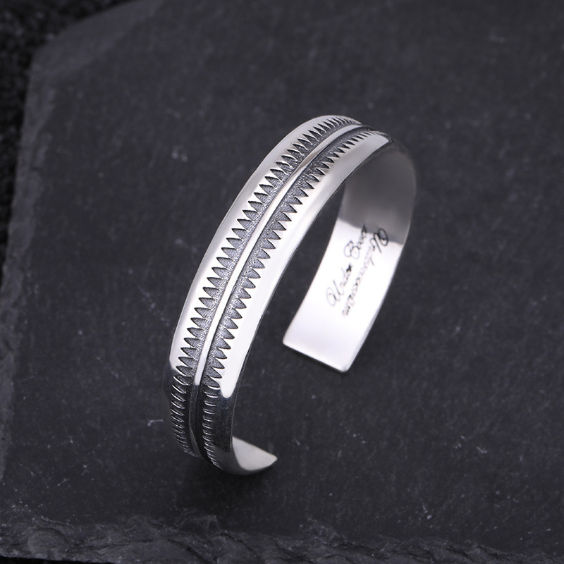 高桥盾手镯男印第安锯齿开口可调节925纯银泰银个性女士手环复古