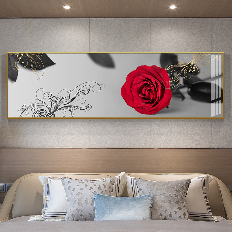 现代简约卧室床头装饰画温馨房间背景墙面壁画玫瑰花婚房横版挂画