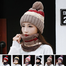 帽子女冬天针织毛线帽保暖加厚围脖帽子两件套冬季骑车加绒休闲帽