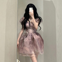 法式紫色连衣裙女夏季感气质仙女蓬蓬纱裙收腰显瘦小个子短裙