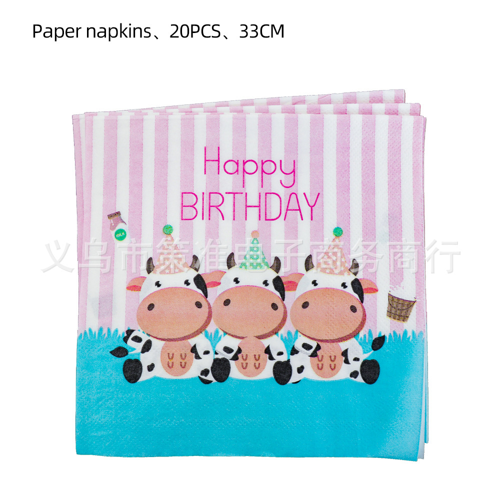 Pink Cow Theme Children's Birthday Party Paper Pallet Paper for Making Disposable Cups Tablecloth Gift Bag Tableware Decoration Supplies Set