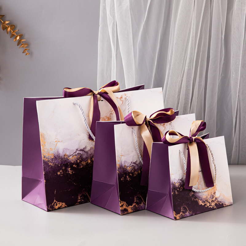 Spot Ins Style Purple Marbling Handbag Gift Bag Foreign Trade Paper Packaging Bags Cloth Bag Hand Gift Bag