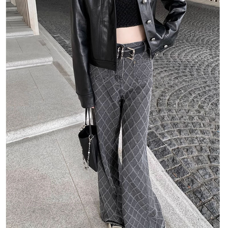 Fall 2023 New Design Sense Classic Style Textured Diamond Plaid Versatile Slimming Straight Pants Casual Jeans for Women