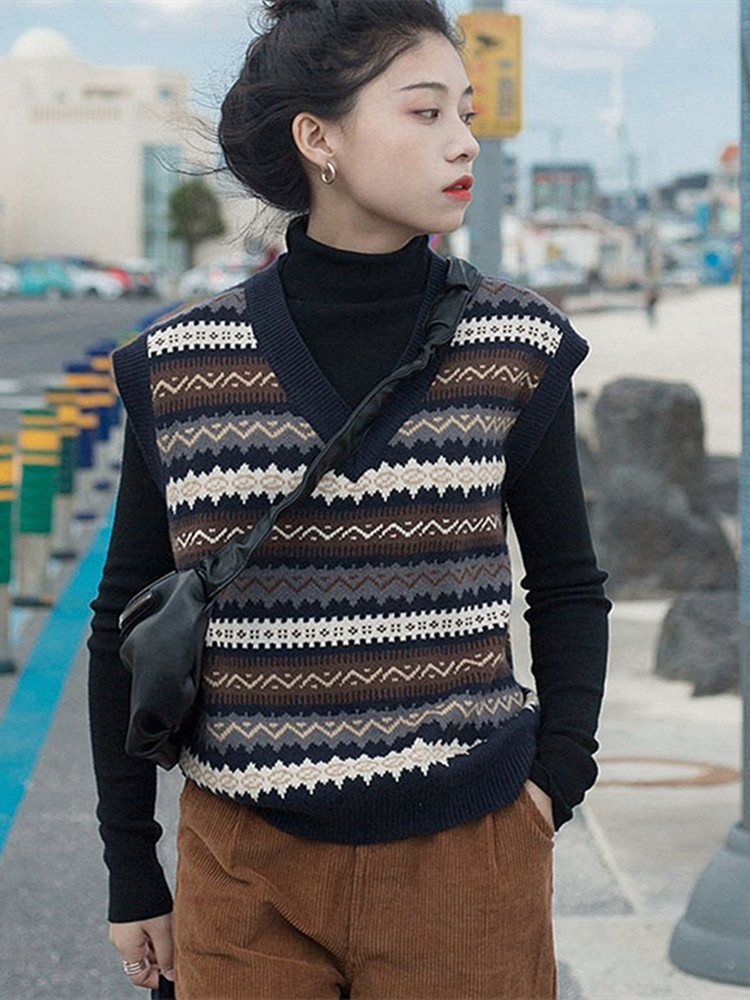 v领毛衣马甲女条纹毛线背心韩版复古针织衫马夹外套秋季坎肩外搭