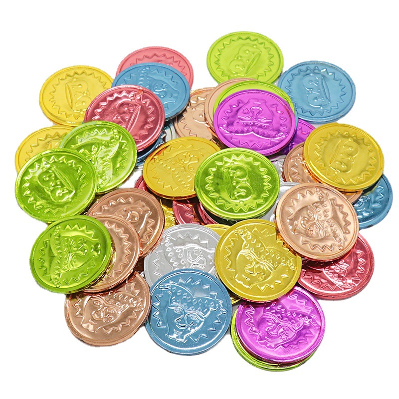 跨境亚马逊魔术小丑七彩色金币狂欢节塑料硬币100枚小丑币玩具币