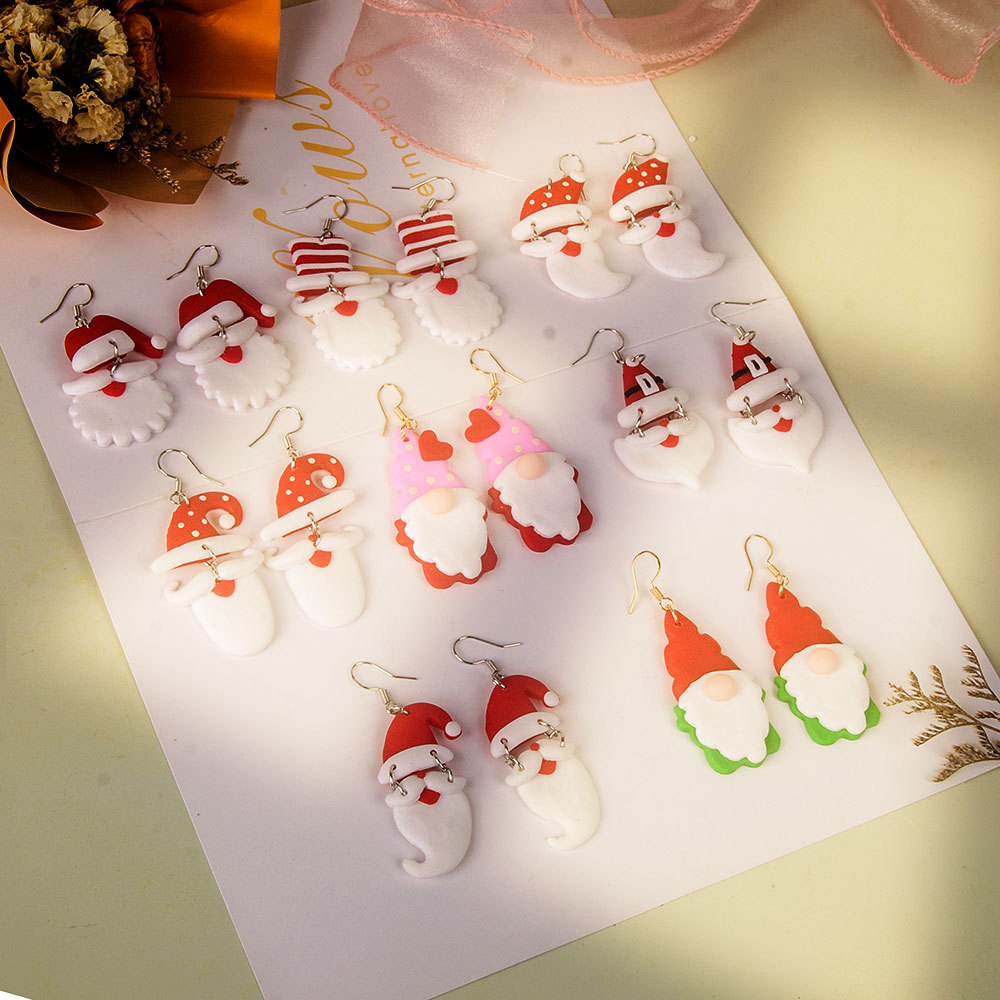新款黏土陶泥耳钉纯手工可爱圣诞老人耳环小众女气质饰品软陶耳坠