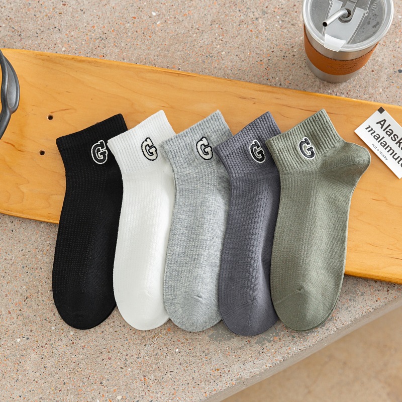 黑袜子刺绣g字母男士夏款袜薄棉白运动船袜短腰潮流百搭短款低帮