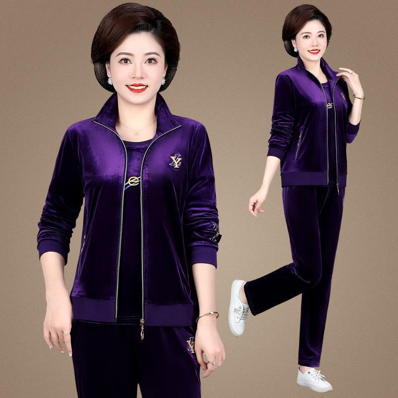 中老年女装金丝绒运动服套装春秋洋气中年妈妈秋装短款外套三件套