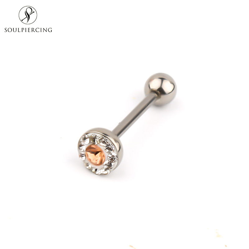 Stainless Steel Diamond-Embedded Tongue Pin Barbell Tongue Ring Body Piercing Ring Best Seller in Europe and America Titanium Steel Cross-Border Hot Girl Multi-Color