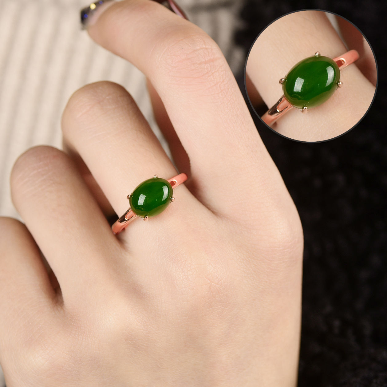 925玫瑰金色镶嵌和田玉碧玉戒指女玉石指环口宝石戒指