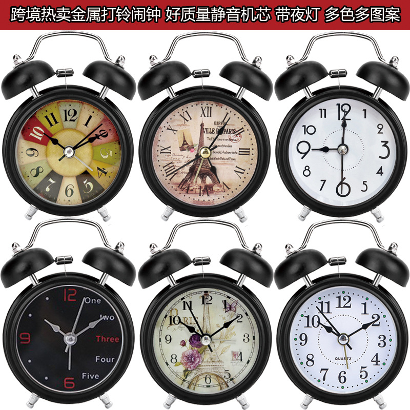 工厂直供创意儿童礼品复古金属打铃闹钟爱时达机芯带夜灯静音设计