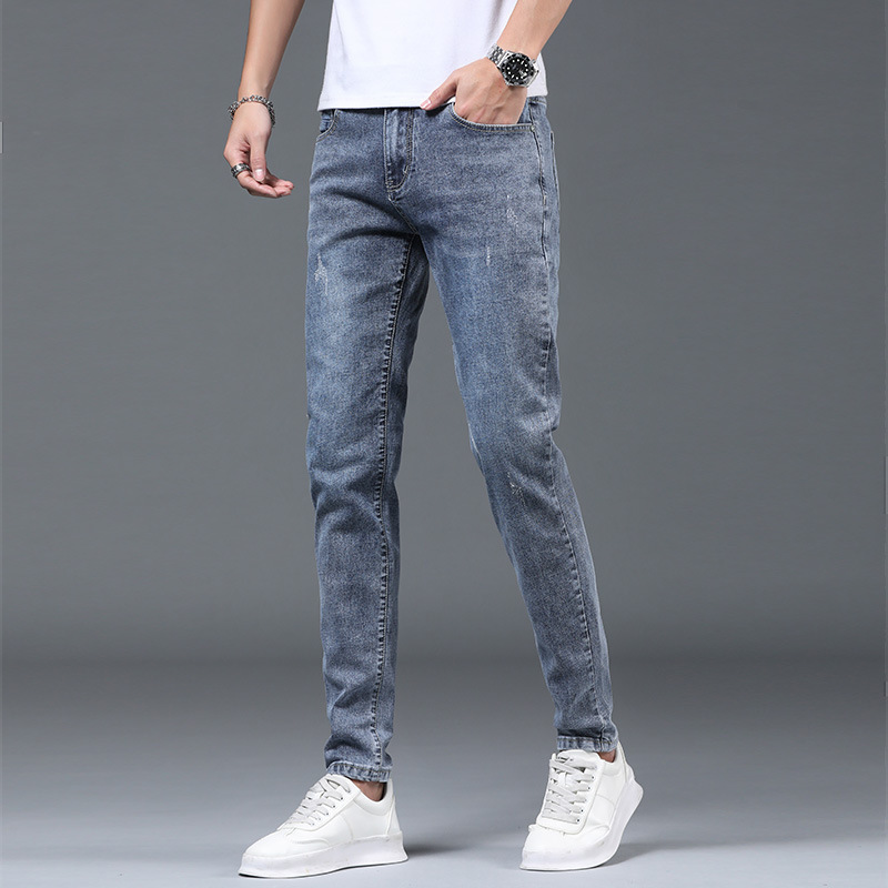 Summer Light Color Thin Slim Jeans Men's Cropped Ripped Ankle-Tied Pants Men Fashion Brands Trendy Long Pants Men