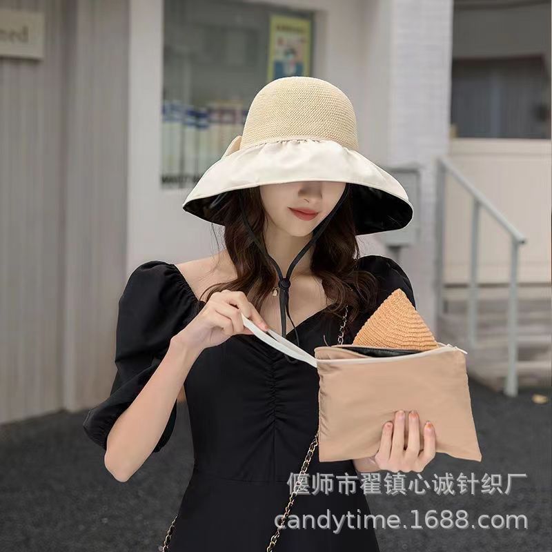 Summer New Buggy Bag Vinyl Sun Protective Hat Bow Female Breathable Big Brim Outdoor Beach Bucket Hat Wholesale