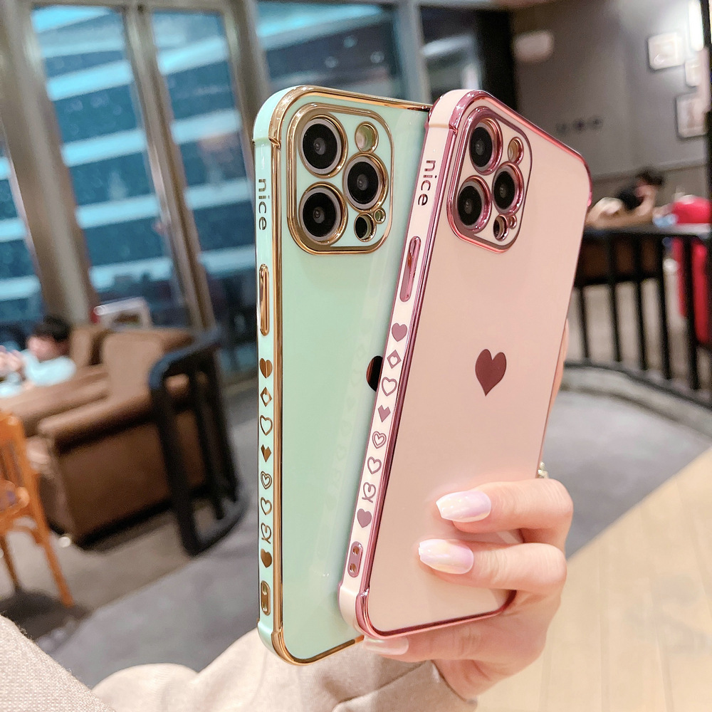 适用iphone12promax防摔软套xs/r奢华11电镀爱心苹果13侧边手机壳