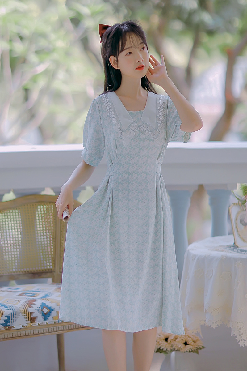 9908#不低于109现货实拍夏季甜美娃娃领过膝收腰显瘦碎花连衣裙