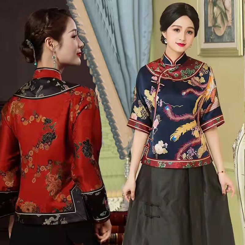 花罗仿香云纱唐装女装中国风妈妈红色中式复古盘扣代