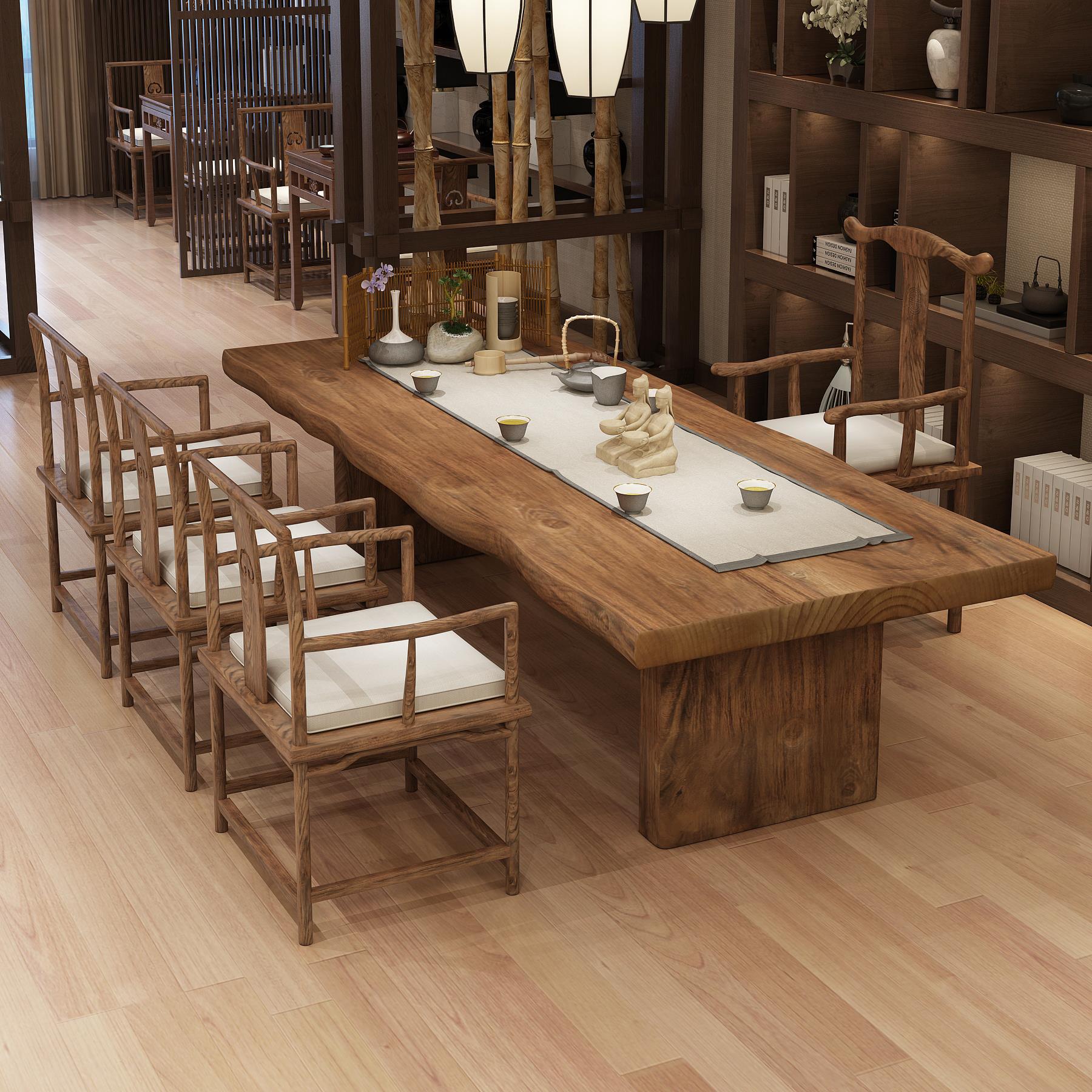 新中式茶桌椅组合 客厅功夫茶台 会客室禅意大板实木泡茶桌子