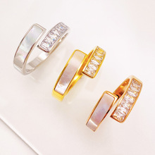外贸韩版白贝点钻戒指女小众不锈钢设计感指环简约金色开口配饰厂