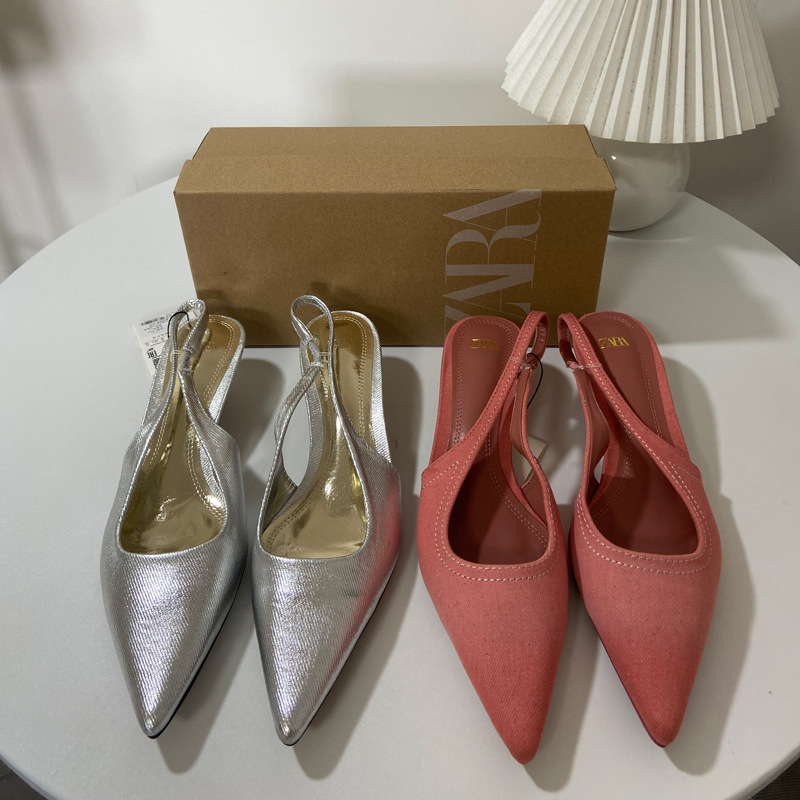 za新品优品质女鞋秋季时装单鞋尖头浅口银色后绑带露跟时尚凉鞋女