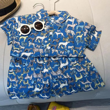 夏日新款帅气韩版套装洋气时尚动物印花两件套男女童卡通印花衬衫