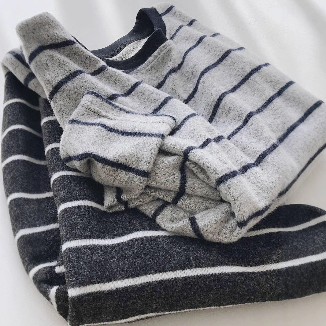 奥特莱斯~撤柜剪标2-300斤磨毛条纹长袖t恤女秋冬遮肉打底上衣ins