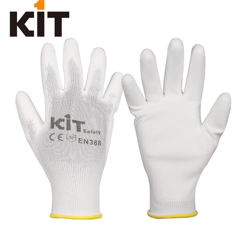十三针尼龙PU手掌涂层手套防滑透气 电子工业指浸胶白色劳保手套