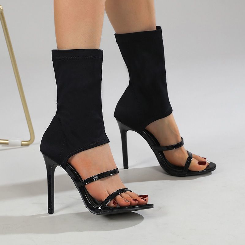 罗马外贸新款弹力布细跟高跟露趾一字凉鞋女2024春夏新款中筒凉鞋