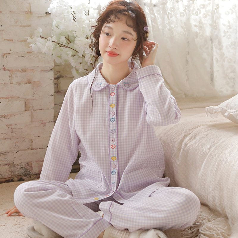 24 Years New Spring and Summer Long Sleeves Suit Women's Simple Plaid Embroidered Pajamas Japanese Sweet Fresh Furnishings Suit