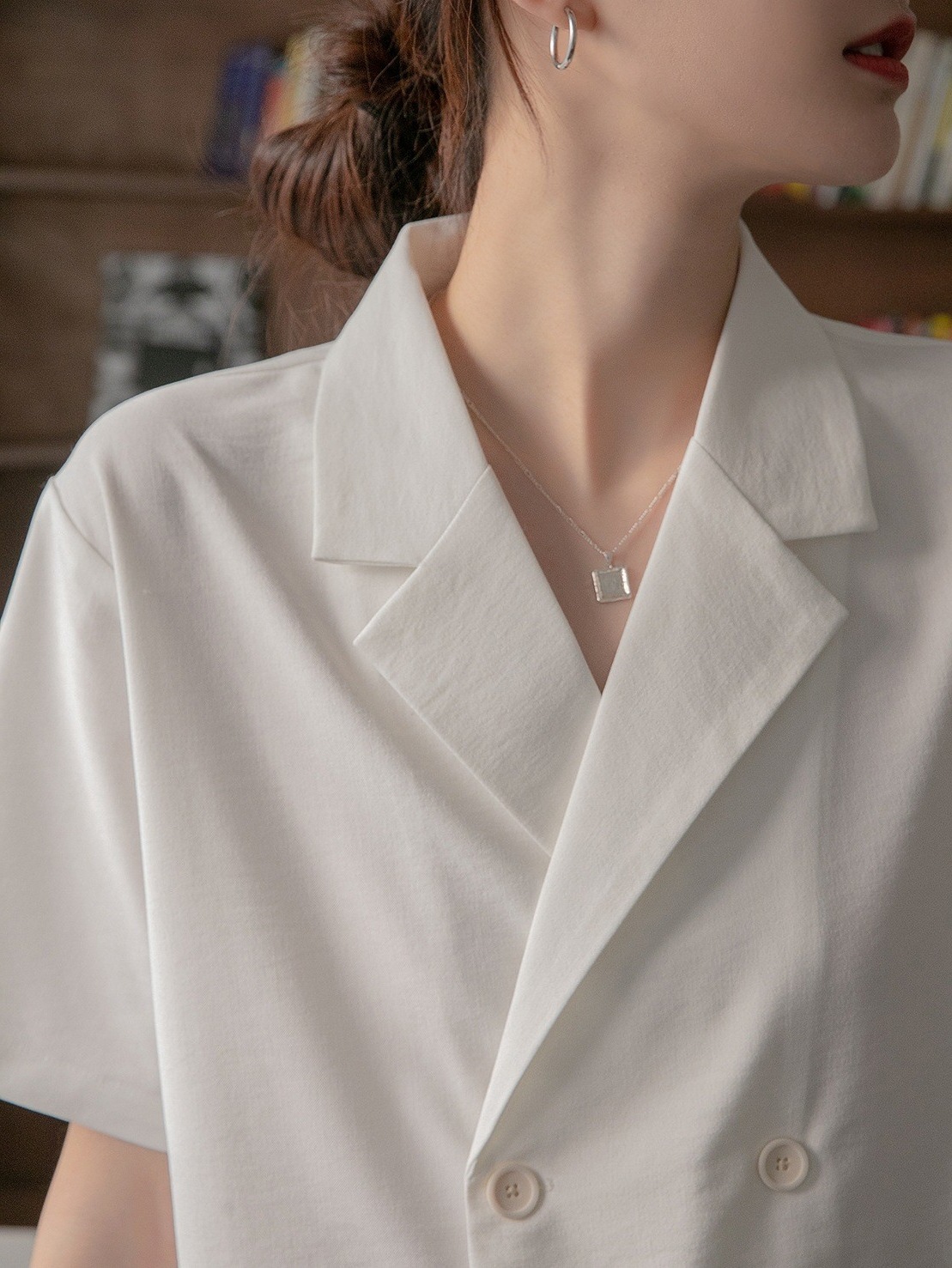 双排扣翻驳领短袖衬衫2022春夏新款设计感小众上衣韩系ins上衣女