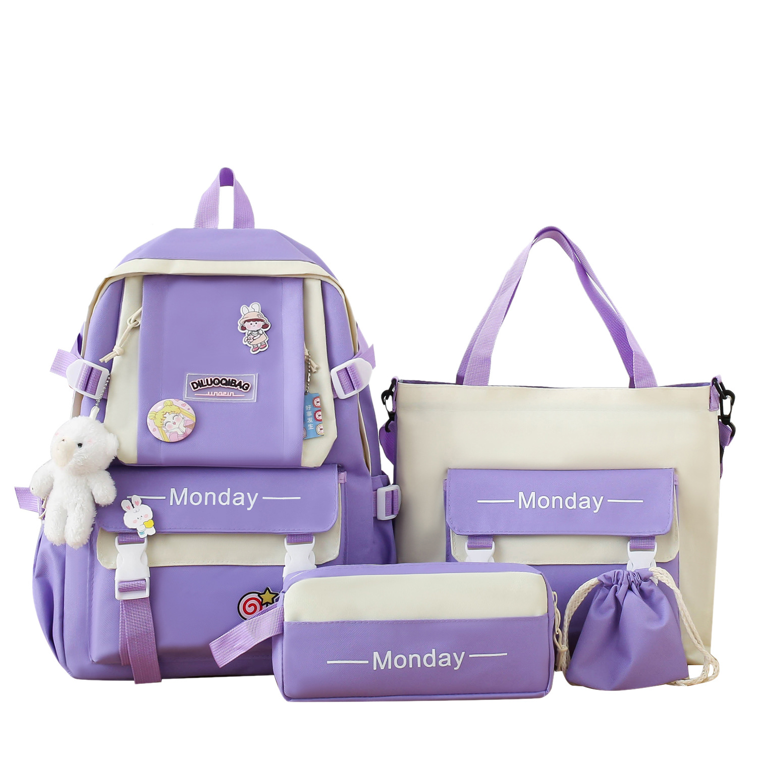 Four-Piece Schoolbag Female Mori All-Match Primary School Student Backpack Handbag Fashion Colorblock Large Capacity Junior High School Backpack