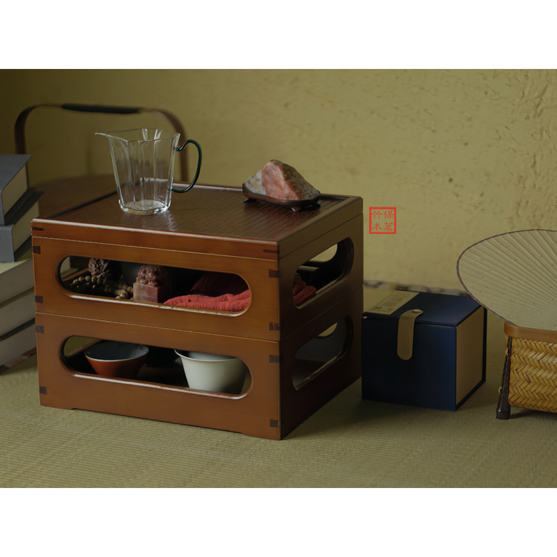 竹制茶具收纳盒 多层方形防尘桌面收纳架 茶棚 茶台 茶具展示盒