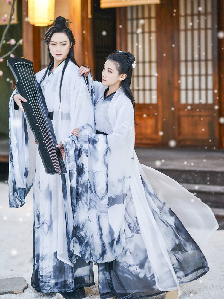 汉服魏晋风男女交领齐腰襦裙大袖衫相思引水墨广袖情侣古装秋冬季