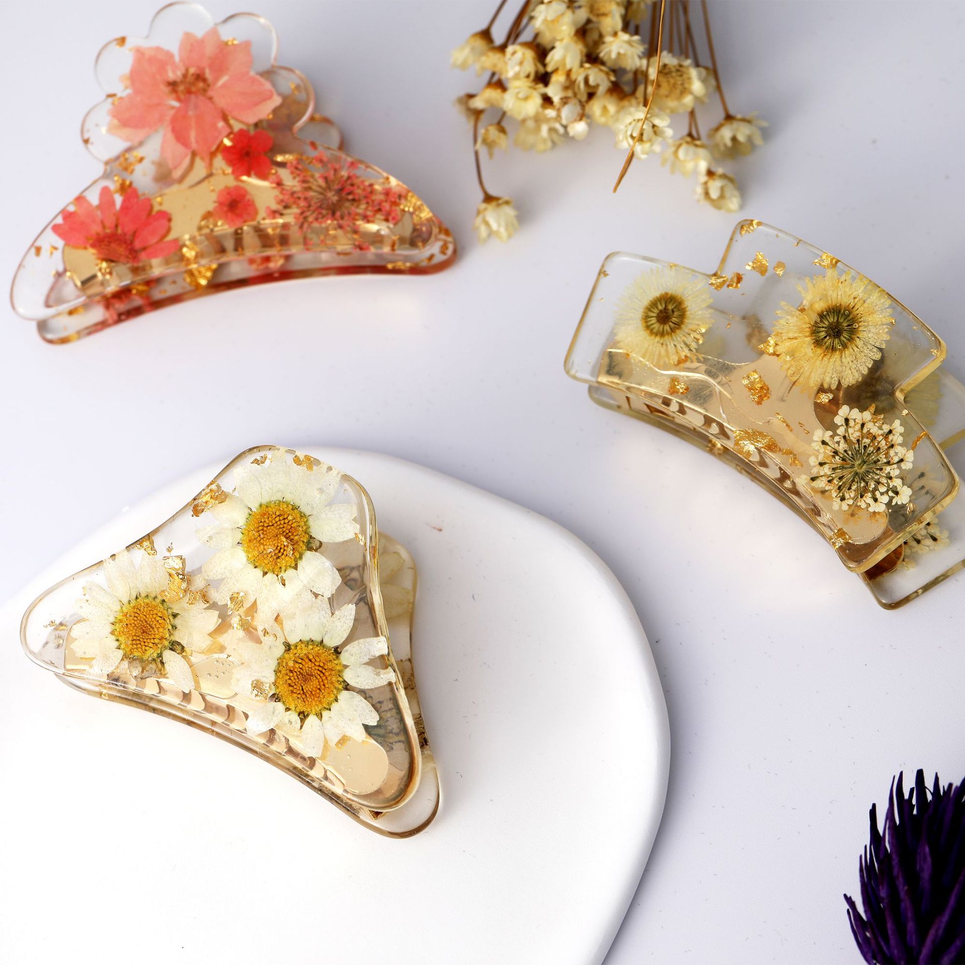 新款日本高级感真花手工滴胶干花发夹 永生花不掉色抓夹韩国发饰