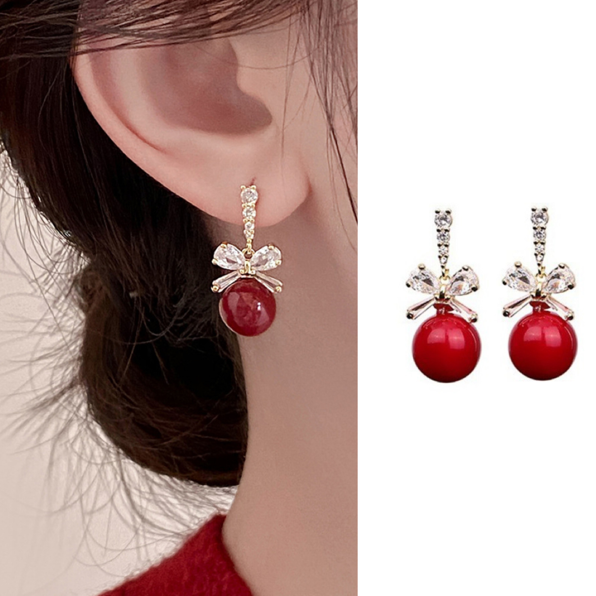 s925纯银闪钻酒红色珍珠耳环韩系高级感耳饰2024新款爆款百搭饰品