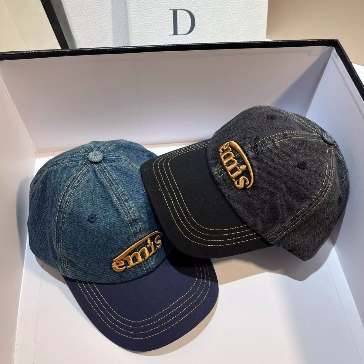 韩国男女同款刺绣emis字母棒球帽时尚字母拼色休闲百搭网红棒球帽
