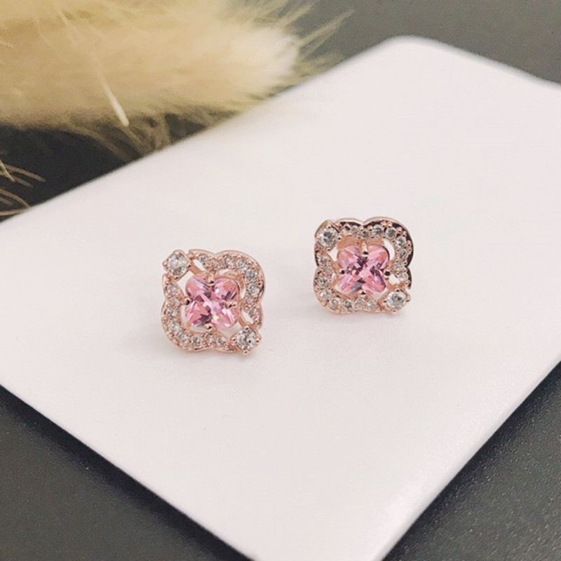 施家高版本粉钻跳动的心四叶草耳钉女施华洛水晶花朵耳环一件代发