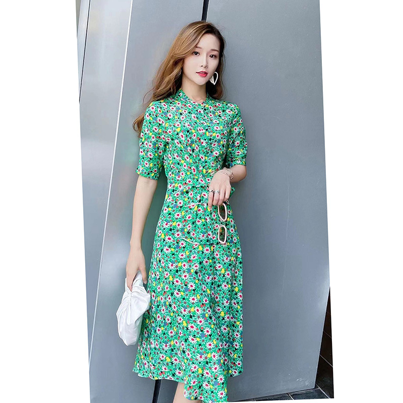 碎花裙法式夏季真丝大摆小个子收腰高级感桑蚕丝连衣裙-阿里巴巴