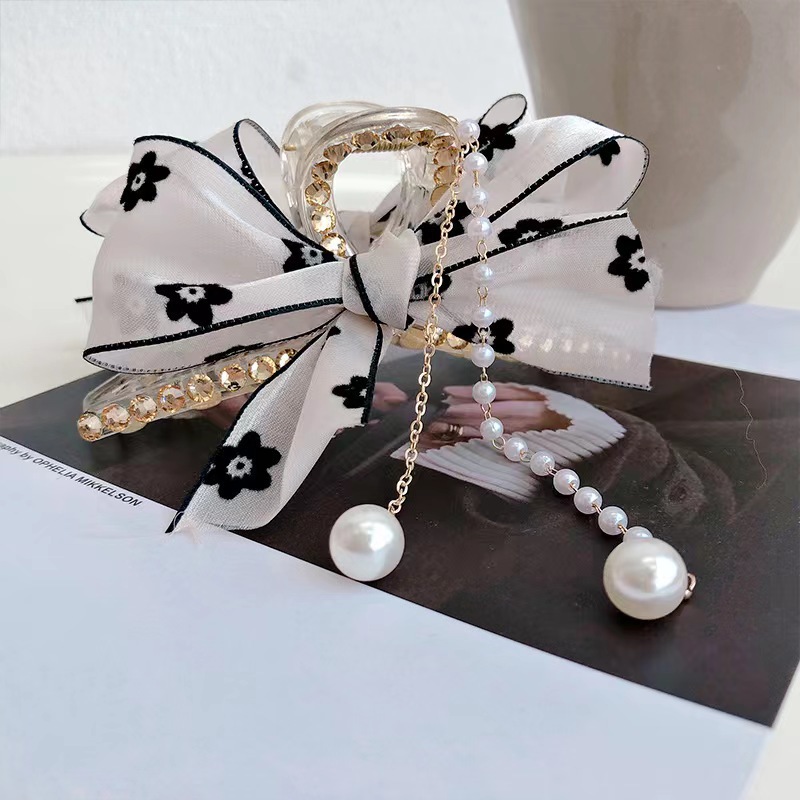 镶钻网纱流苏印花抓夹韩版蝴蝶结珍珠香槟色鲨鱼夹后脑勺发夹头饰