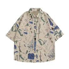 夏装男士短袖衬衫美式嘻哈街头涂鸦印花衬衣痞帅夏威夷学生衣服