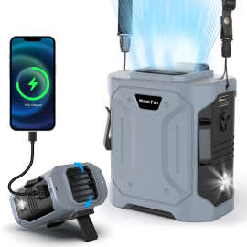 挂腰风扇便携LED挂脖USB风扇工地大风力户外SOS充电风扇挂腰风扇