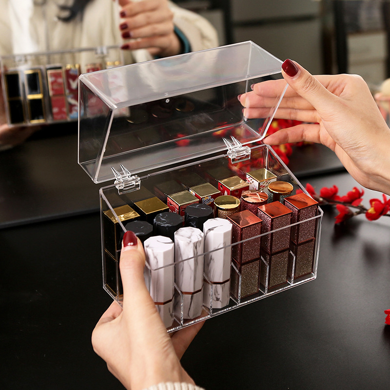 Lipstick Storage Box Dustproof Desk Cosmetic Nail Polish with Lid Transparent Acrylic Lip Lacquer Lipstick Shelf
