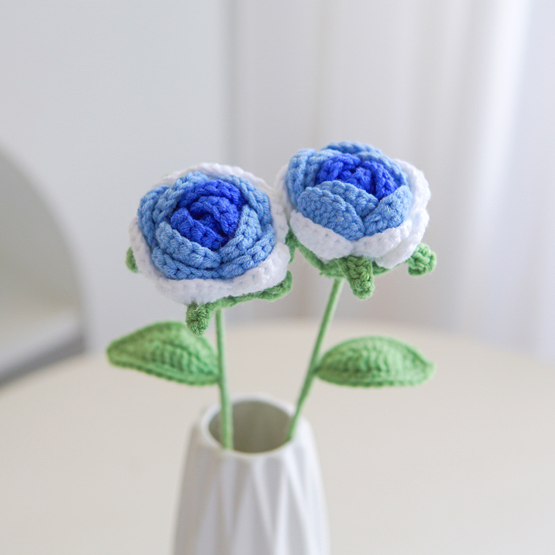 Amazon Hand-Woven Finished Bouquet Milk Cotton Emulational Rose Flower Wool Knitted Fake Flower Valentine's Day Bouquet