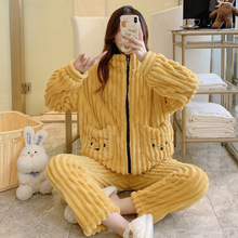 5XL加肥加大拉链运动睡衣女冬季法兰绒长毛珊瑚绒外穿家居服套装