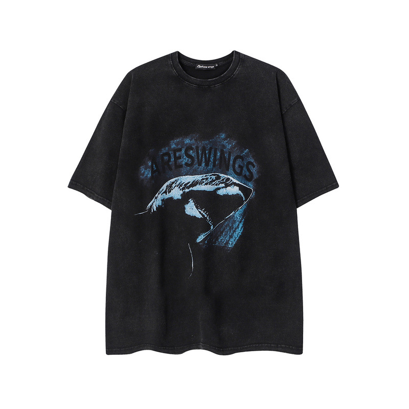 【2023】美式潮牌海洋大白鲨印花做旧水洗短袖t恤男宽松-阿里巴巴