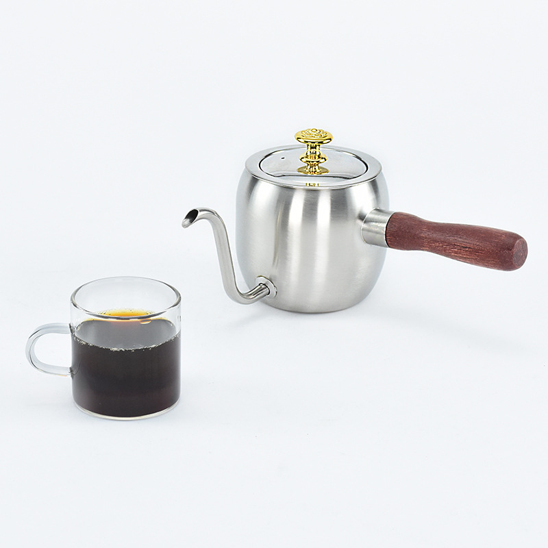 Hz482 Stainless Steel 304 Wood Grain Hand Wash Pot Novel Wood Grain Handle Ear-Hanging Coffee Pot with Drain Long Mouth Kettle