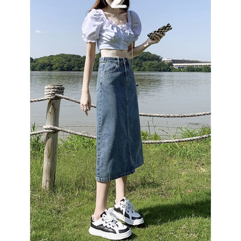 Denim Skirt Women's Small Back Slit Denim Skirt 2022 High Waist A- line Slimming Mid-Length Hip Skirt