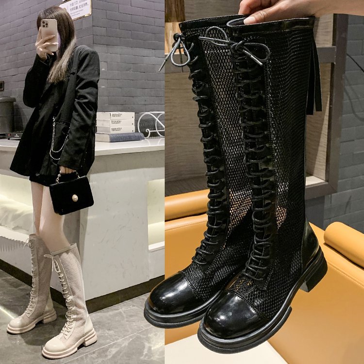 不过膝网纱长靴女夏季2022新款镂空凉靴粗跟系鞋带长筒马丁靴ins