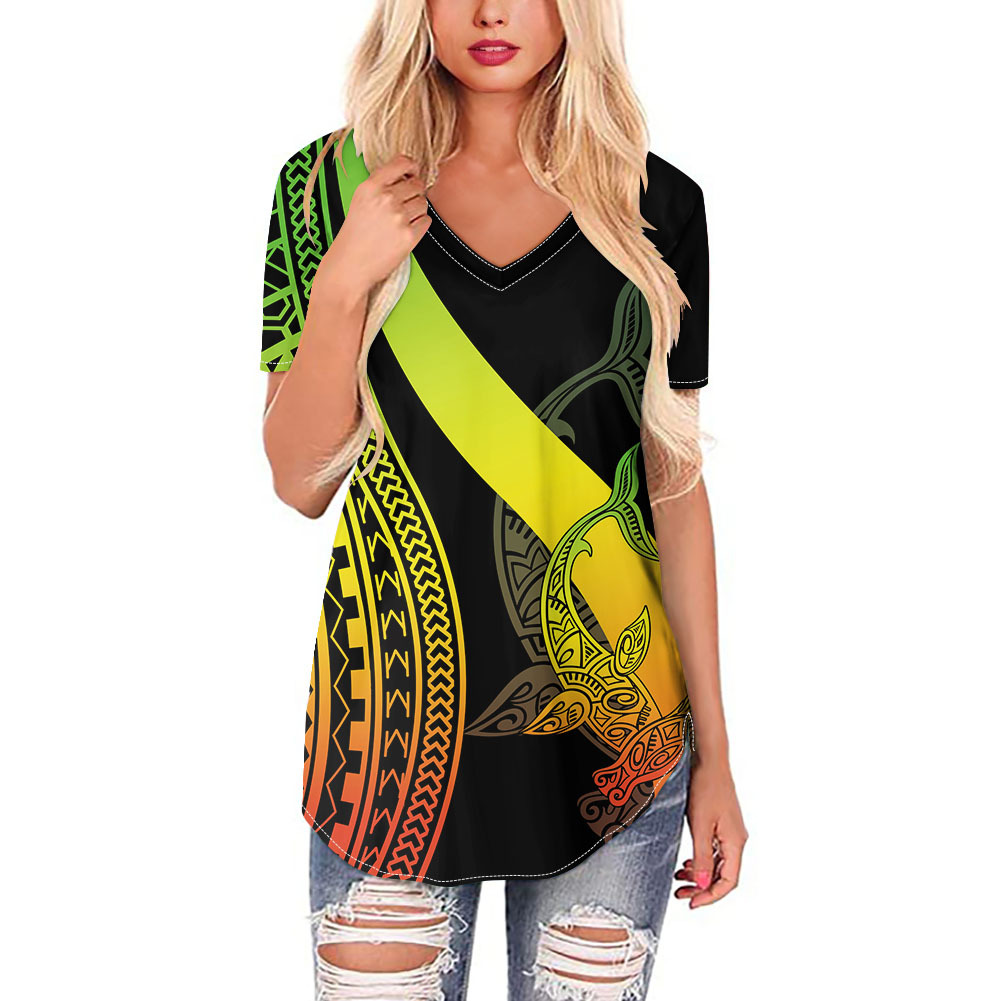 短袖套头雪纺波利尼西亚风系列印花v领性感衬衫 定制欧美跨境新款