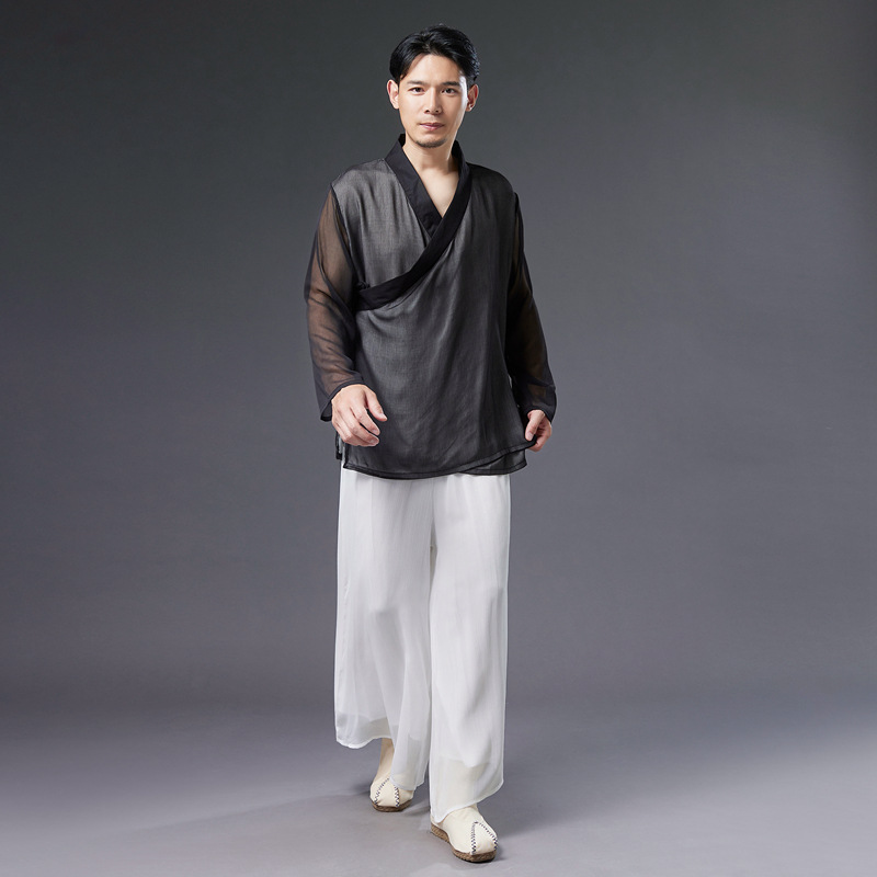 中国风禅服男夏仙气雪纺长袖开衫古风男装宽松大码黑色汉服上衣男